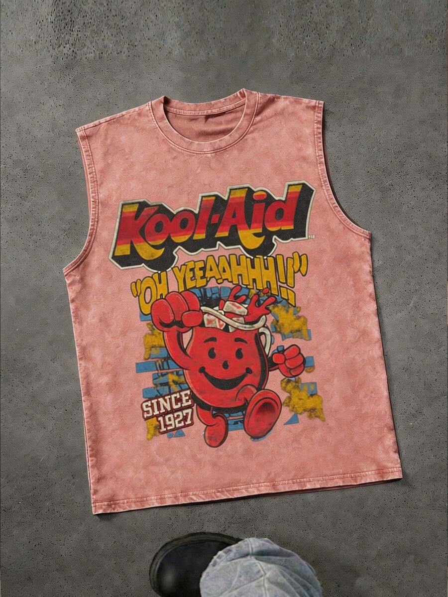 Men's Casual Crew Neck Sleeveless Washed Vest, Made Of 100% Cotton, Perfect For Summer Vacations. Features A Stylish Print And Y2K Street Style. An Excellent Gift For Boyfriends And Husbands. - 粉色 - 查看 1