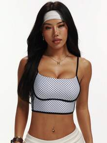 Women's Black & White Polka Dot Print Removable Padded Racerback Sports Bra Fall - Black and White - View 5