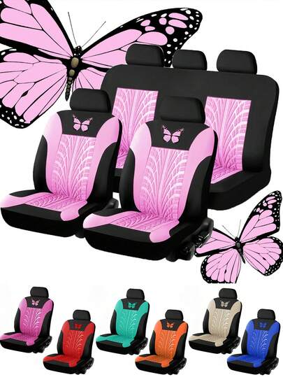 Bộ 9 món (4 món/gói) Bọc ghế ô tô thêu họa tiết bướm, chất liệu polyester, phù hợp mọi mùa, có thể giặt tay, phù hợp với SUV, sedan và các dòng xe khác, tương thích với túi khí, kích thước универсальный, hình dạng lốp xe, bảo vệ ghế ô tô, bộ bọc ghế ô tô đầy đủ, phụ kiện ô tô