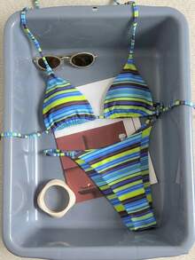Bộ bikini hai mảnh kẻ sọc nhiều màu sắc gợi cảm, thời trang dành cho nữ, kiểu dáng hở lưng, buộc dây, thích hợp cho kỳ nghỉ hè ở bãi biển hoặc du thuyền. - xanh lam-xanh lục - Xem 3