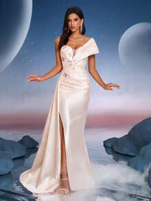 Women's Elegant Waist-Cinched Sequin Floral Print Slit Design Party Dress - Champagne - View 8
