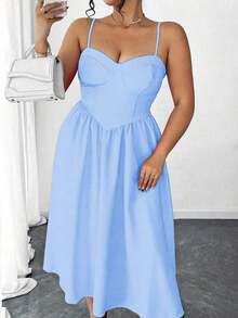 Vestido de tirantes finos con pliegues de unicolor para mujer de talla grande - Azul - Ver 3