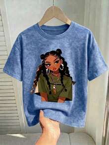 Áo thun phong cách "Bad Girl" dành cho tuổi teen, dáng regular fit, họa tiết retro năm 2026, tay ngắn thoải mái theo phong cách vintage đã qua xử lý, cổ tròn độc đáo, phong cách đường phố năng động, thích hợp mặc thường ngày mùa hè. - Màu xanh nhạt - Xem 2