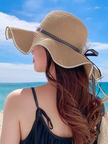 1件女款草帽，多功能防曬，時尚圓點蝴蝶結緞帶海灘帽，適合夏季 - A - 查看 4