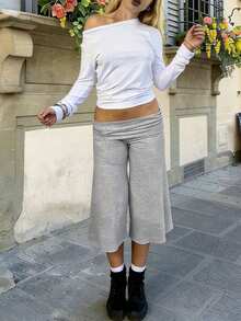 Fold Over Wide Leg Capri Pants For Women Low Rise Lounge Yoga Flare Culottes Y2k Flowy Crop Palazzo Pants - 淺灰色 - 查看 2