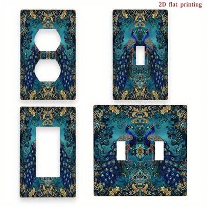 1pc PeaRooster Blue-Gold Farmhouse Style Light Switch Plate Cover - With Rooster Pattern Decor Switch Faceplate, /Retrofit Installation, Fits Single/Double Pole/Rocker/Toggle Switches, 2D Flat