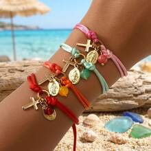 1pc Fashionable Minimalist Gold Cross Bracelet, Jesus Bracelet, Woven Red Rope Adjustable Bracelet, Birthday Gift, Valentine's Day Gift, Anniversary Gift - Multicolor - View 7