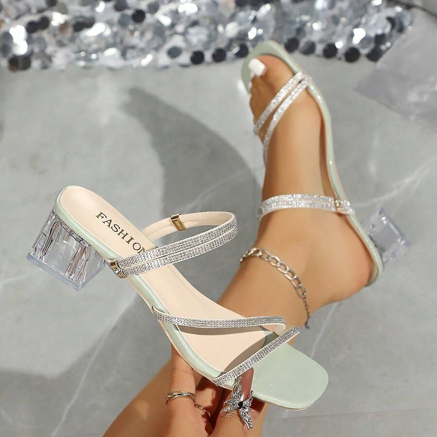 1 par de sandalias de tacón transparente con estilo de hada y strass, zapatos de tacón alto grueso minimalista con tira fina de plata y strass, de moda, de 2 formas de uso, con punta abierta, ligeros, cómodos y antideslizantes para vacaciones, viajes y uso al aire libre (se sugiere pedir una talla talla grande grande) - Verde - Ver 1