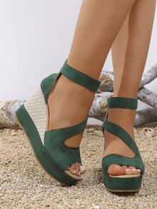 Women's New Summer Suede Thick-Sole Platform High Heel Open-Toe Sandals, Hollow Peep-Toe Zipper Closure High Heel Sandals,Wedge Heels - Green - View 7