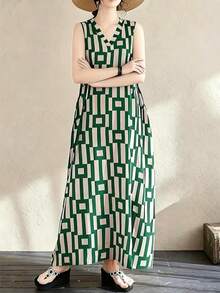 女士夏季度假户外复古格子印花V领无袖连衣裙，时尚休闲独特长裙，优雅 - 綠色 - 查看 1