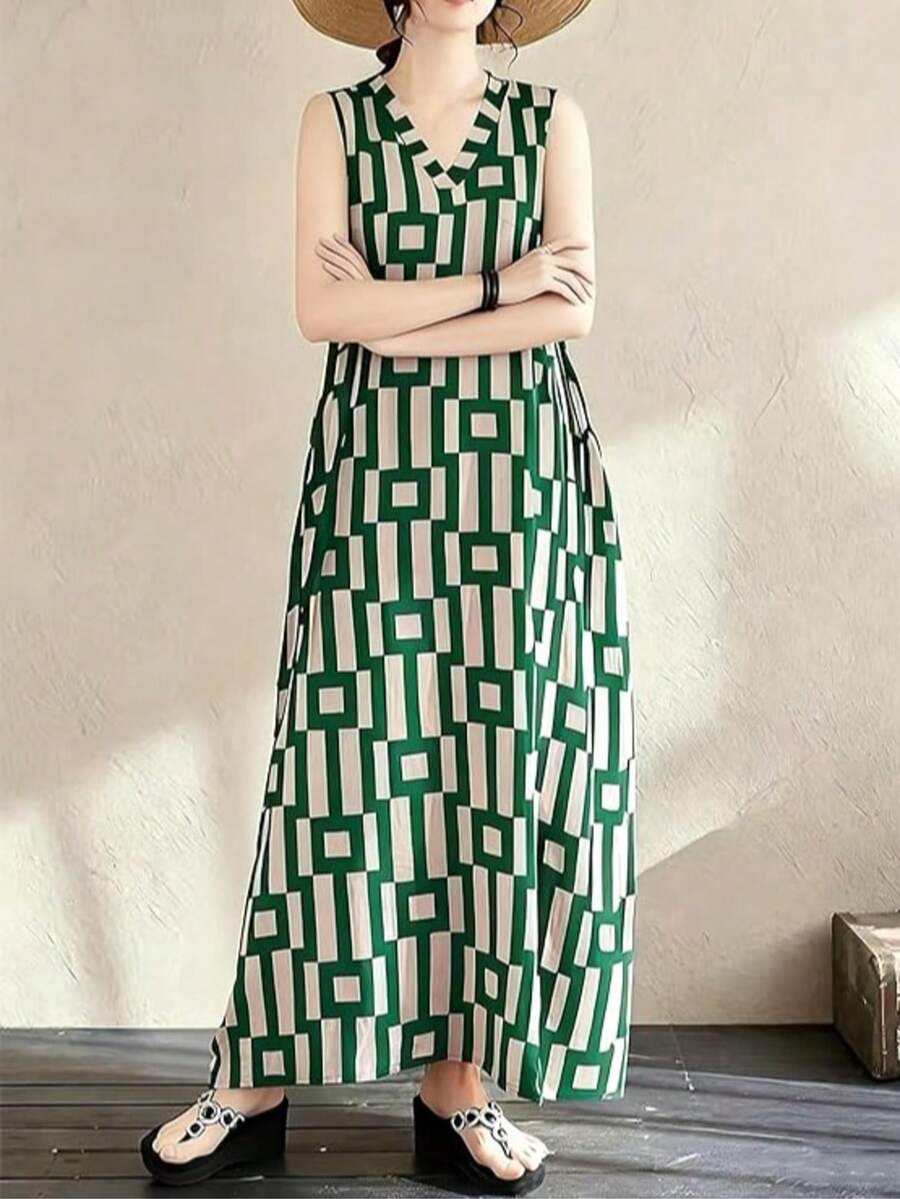 女士夏季度假户外复古格子印花V领无袖连衣裙，时尚休闲独特长裙，优雅 - 綠色 - 查看 1