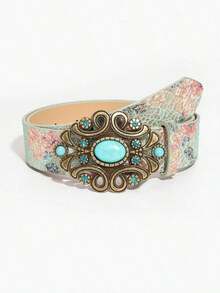 High Quality 1pc Vintage Western Style Coffee-Color Metal Bull Head & Dragon Embossed PU Leather Belt, Suitable For Daily Wear Summer, School Fall, Autumn, Halloween - 雕花羈扣彩色印花 - 查看 5