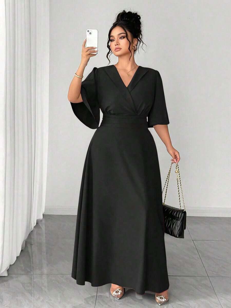 Vestido largo de mujer talla grande de manga acampanada, cuello y cintura ceñida, de estilo minimalista y elegante, color vino tinto, para primavera/verano - Negro - Ver 1