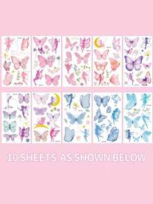 10 Sheets Butterfly Fairy Temporary Tattoos For Girls - Vibrant Colorful Butterfly Designs With Floral & Star Accents, High Quality Body Art For Birthday Parties, Fairy-Themed Events, Festivals - Easy Apply &, No Residue, Party Accessories, Whimsical Tattoos, Easyremove Tattoos, Festival Accessories, Fairythemed Decor, Body Art, Festival Goers, Lightweight Material, Festival Attendees - Multicolor - View 5