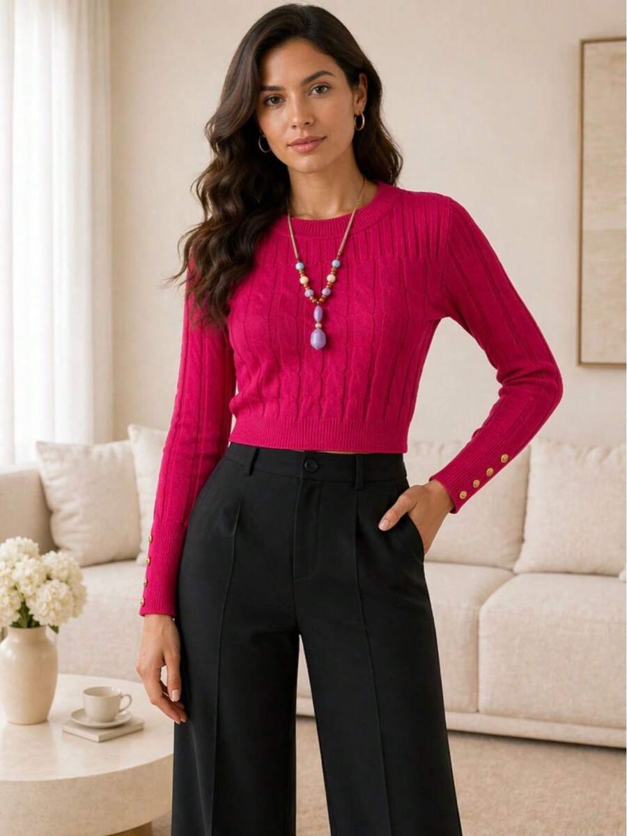 Women Knit Tops - Hot Pink - View 1