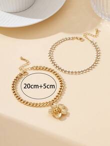 1 Set Minimalist White Design Wheat Ear Chain & Gold Textured Plumeria Pendant Anklet, Suitable For Holiday/Travel Wear - Yellow Gold - View 7