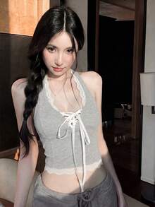 性感蕾丝拼接细肩带系带吊带背心，带胸垫，适合春夏叠穿或外穿，休闲百搭。 - 灰色 - 查看 2