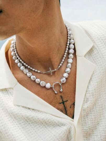 Set de 2 collares con cruz y herradura de perlas falsas, material de cobre, adecuado para uso diario y festividades de hombres