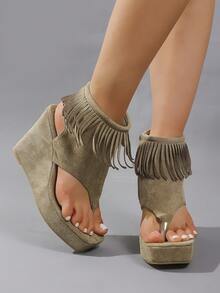 1 Pair European And American Style Wedge Heel Gladiator Sandals, Thick Sole High-Top Sexy Side Zipper Fringe Women Shoes - Khaki - View 3