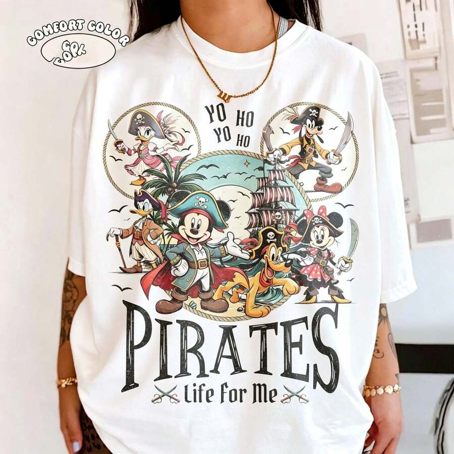 Vintage Mickey And Friends Loose Oversize T-Shirt , Pirates Jack Sparrow Tee, Disneyland Cruise Pirate Night Shirt - trắng - Xem 1