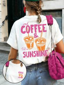 Women's Round Neck T-Shirt, Coffee Cup Pattern Print, Front And Back Pattern Design, Comfortable And Breathable Fabric, Refreshing Summer Top, Regular Fit, Suitable For Everyday Wear And Vacation. - White - View 2