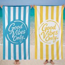 1条黄白条纹“Good Vibes Only”印花超柔软纤维沙滩巾，多种尺寸可选，轻便易携，适合游泳、露营、运动、海滩或健身房使用，沙滩配件 | 时尚沙滩巾 | 耐用沙滩垫 - 黃白條紋Good Vibes Only - 查看 2