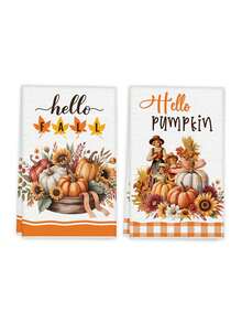 2pcs Pumpkin Autumn Hand Towels, Thanksgiving Gift, Kitchen Decor Towels With Pumpkin & Maple Leaf Embroidery, Suitable For Drying, Cleaning, Cooking, Holidays - Multicolor - View 9