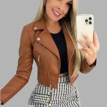 Women's Faux Leather Motorcycle Jacket - Camel - View 1