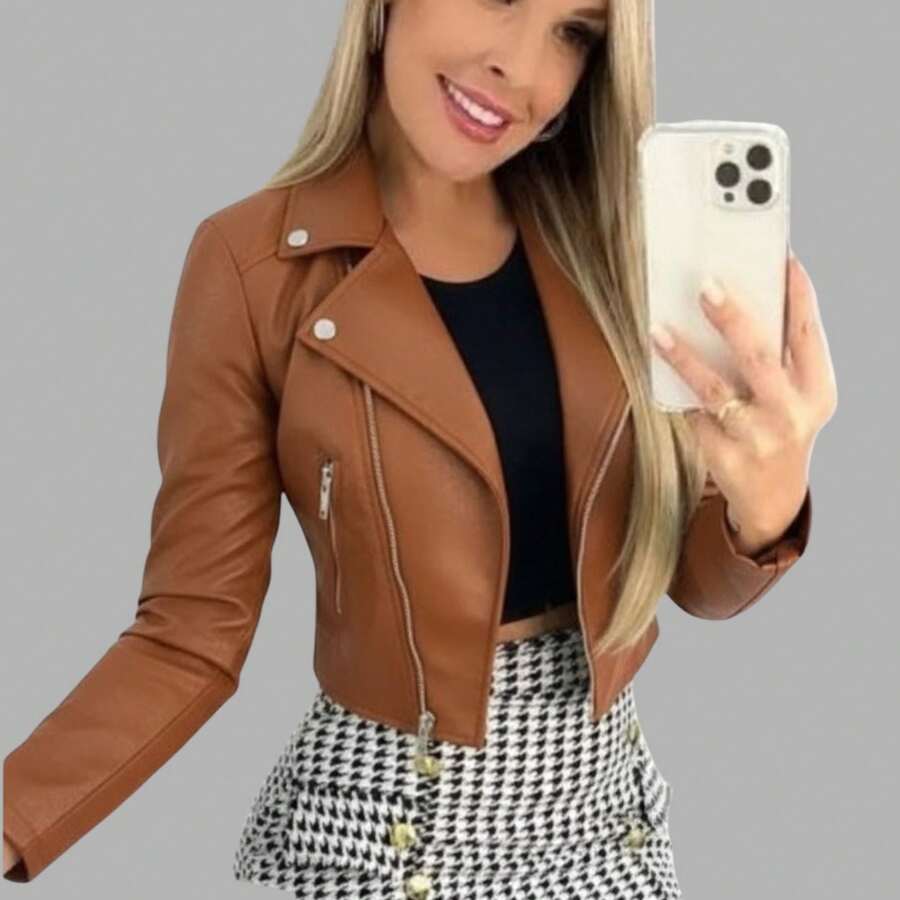 Women's Faux Leather Motorcycle Jacket - Camel - View 1