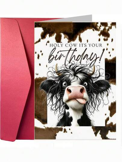 1pc Funny Cow Birthday Card, "Holy Cow It's Your Birthday!" Humorous Farm Animal Birthday Greeting Card With Envelope, Cute Cow Themed Birthday Card For Friends, Family