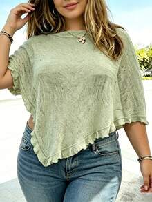Camiseta transparente de mujer, top de manga corta con volantes irregulares, ideal para salir de fiesta en verano. - Verde militar - Ver 1