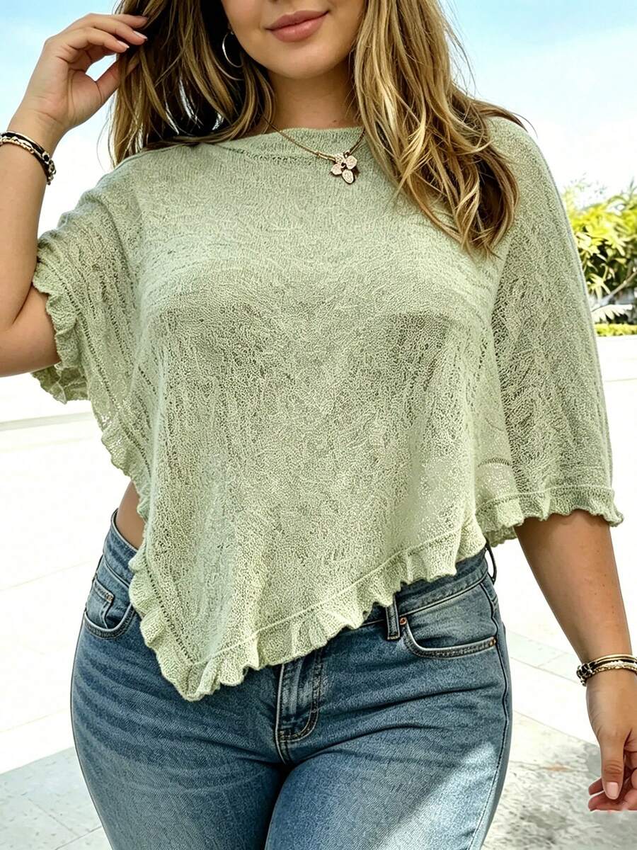 Camiseta transparente de mujer, top de manga corta con volantes irregulares, ideal para salir de fiesta en verano. - Verde militar - Ver 1