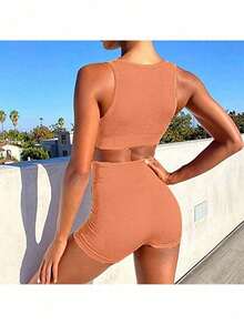 Workout Sets For Women 2 Piece Seamless Ribbed Crop Tank High Waist Shorts Yoga Outfits - Orange - View 2