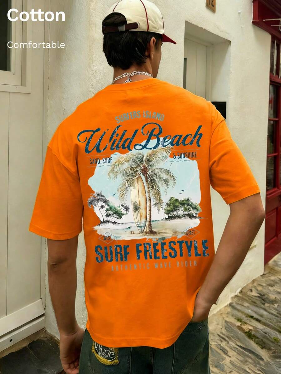 T-shirt de sport décontracté en pur coton pour hommes, printemps/été, Top respirant à manches courtes pour activités de plein air, style surf décontracté de plage, fluide, élégant, doux et respirant - Orange - Voir 1