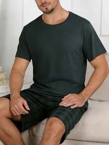 Men's Casual Lightweight Pajama Set, Round Neck Pullover Plaid Print Short Sleeve Top And Shorts, Comfortable Loungewear Set With Elegant Feel, Summer - Multicolor - View 2