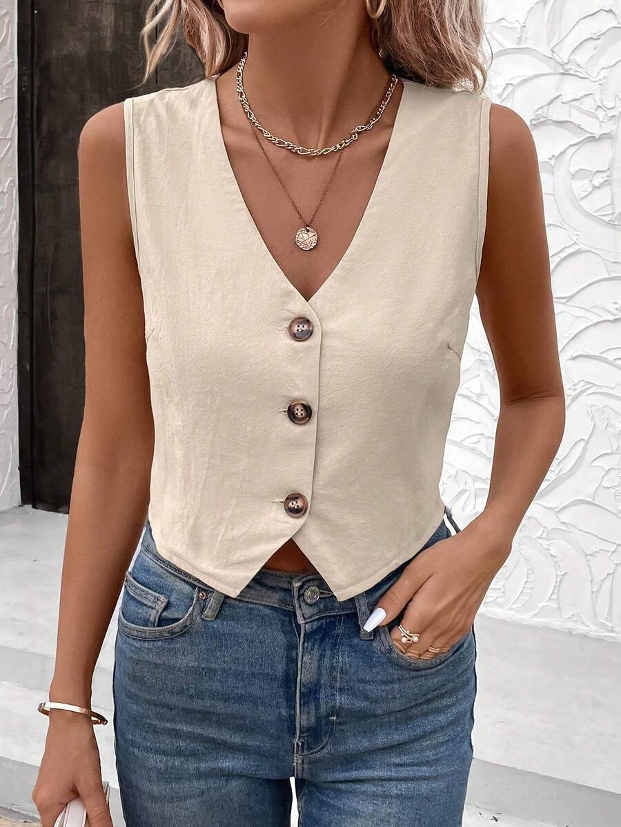 1pc Solid Color Casual Button-Up Vest, Suitable For Spring And Summer - Apricot - View 1