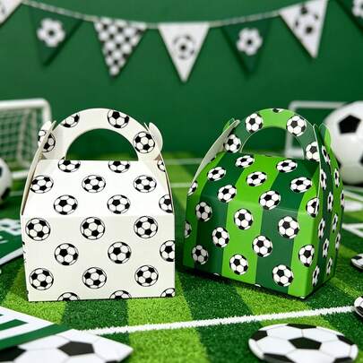 10 piezas/50 piezas Cajas de recuerdo en forma de balón de fútbol, cajas de dulces con estampado de fútbol y asas, decoraciones de fiesta de cumpleaños con tema de fútbol