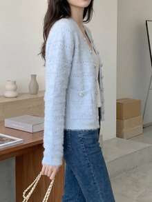 Cardigan court et décontracté de style doux, automne/hiver - Bleu azur - Voir 8