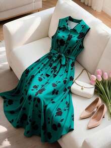 CURVE Vestido camisero largo de mujer talla grande con estampado floral, cuello vuelto, sin mangas y cinturón, de estilo minimalista y elegante, para primavera/verano - Verde - Ver 1