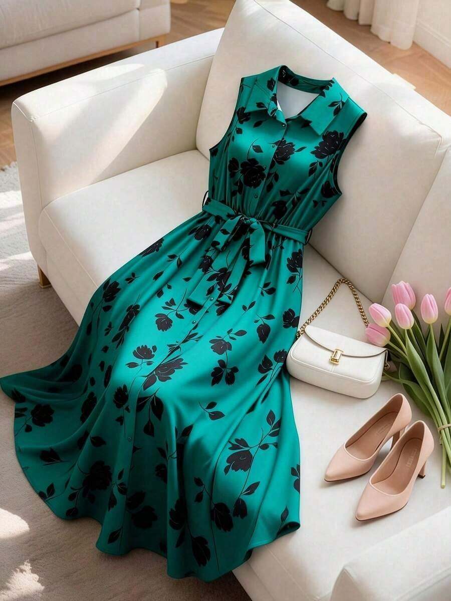 CURVE Vestido camisero largo de mujer talla grande con estampado floral, cuello vuelto, sin mangas y cinturón, de estilo minimalista y elegante, para primavera/verano - Verde - Ver 1