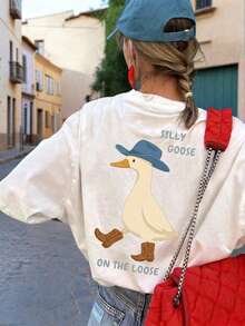 Funny Goose Print Short Sleeve Round Neck Women Casual T-Shirt, Summer Top, Suitable For Summer, Vacation, Beach White - White - View 3