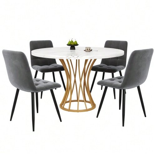 Esstisch-Set (5 Teile), Esstisch-Set Mit 4 Stühlen, Modern Küchentisch-Set, Runder Küchentisch Mit 80 Cm Durchmesser, Goldene Metallbeine, White Marmorierte Tischplatte, Gray Samt-Esszimmerstühle