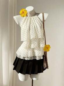 Women's Summer Vacation Polka Dot Print Ruffle Hem Halter Shirt - 彩色 - 查看 4