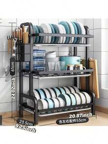 1 pieza Estante de cocina grande de 3 niveles con drenaje rápido, soporte para cuchillos y tenedores, estante para tabla de cortar, organizador de utensilios de mesa multifuncional para tazones, platos, estante de metal elegante, suministros de cocina duraderos, estante de almacenamiento de cocina - Negro - Ver 15