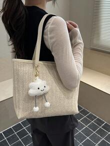 1 Peça Bolsa de Ombro Bege Trançada com Pingente Fofo de Nuvem e Acabamento em Couro PU, Fechamento com Zíper, Estilo Casual de Verão, Adequado para Mulheres, Passeios e Uso Diário - Bege - Visão 3