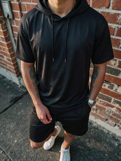  Bộ đồ nam mùa hè FRACTYR gồm áo hoodie và quần short cạp chun màu trơn, thoải mái và thoáng khí, thích hợp cho mùa hè.