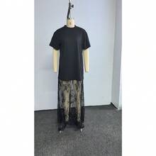 Women's Oversized T-Shirt Maxi Dress With Sheer Lace Hem Drop Shoulder Short Sleeve Perfect For Street Style - Black - View 8