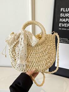 1pc Seashell & Starfish Decor Straw Bag, Detachable Chain Mini Woven Tote Handbag, Summer Beach Vacation Daily Use - Beige - View 8