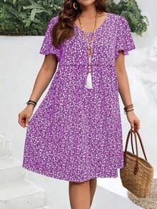 Vestido casual de manga corta con estampado floral diminuto para tallas grandes - Púrpura malva - Ver 5