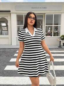 Vestido casual de manga corta a rayas para mujer de talla grande - Rosa Pálido 2 - Ver 9